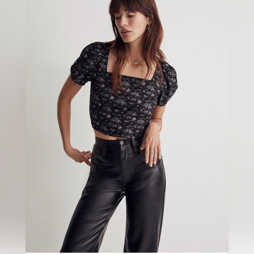 NWT MADEWELL Hopewell Puff-Sleeve Crop Top in Blurred Ikat